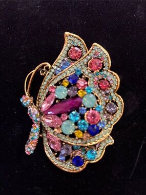 Multicolor Crystal Butterfly Brooch - Gold Tone Accent